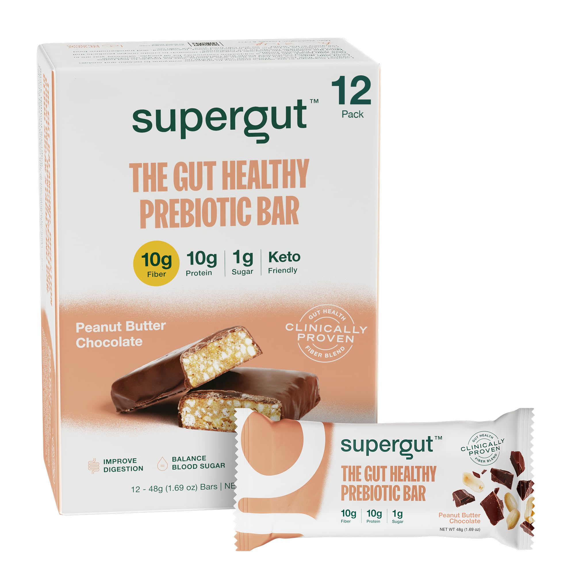 Supergut GLP-1 Boosting Bar packaging shows keto-friendly nutrition for on-the-go snacking.