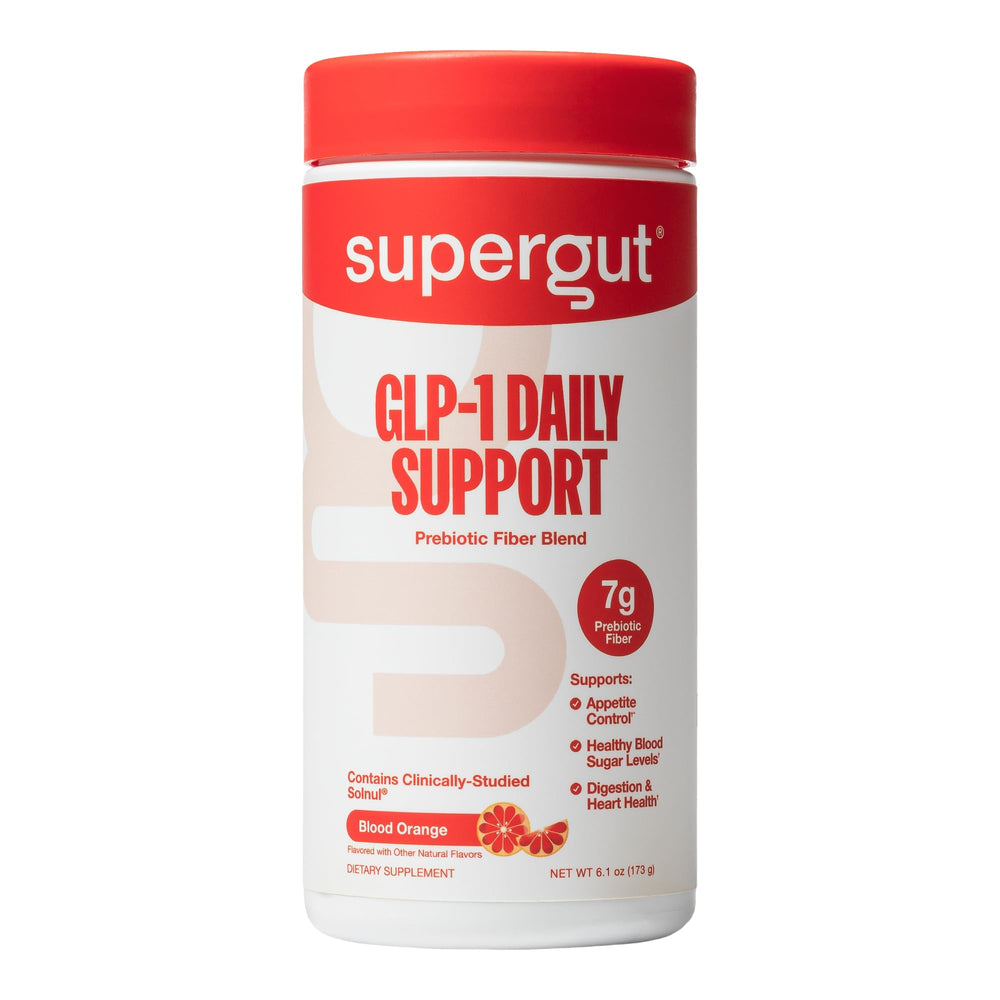 Supergut GLP-1 Daily Support bottle with label, promoting convenient daily gut health.