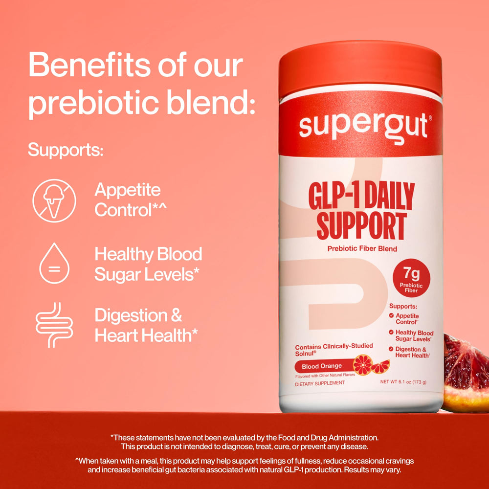 Supergut GLP-1 Daily Support premium blend featuring unripened green banana and beta-glucan.