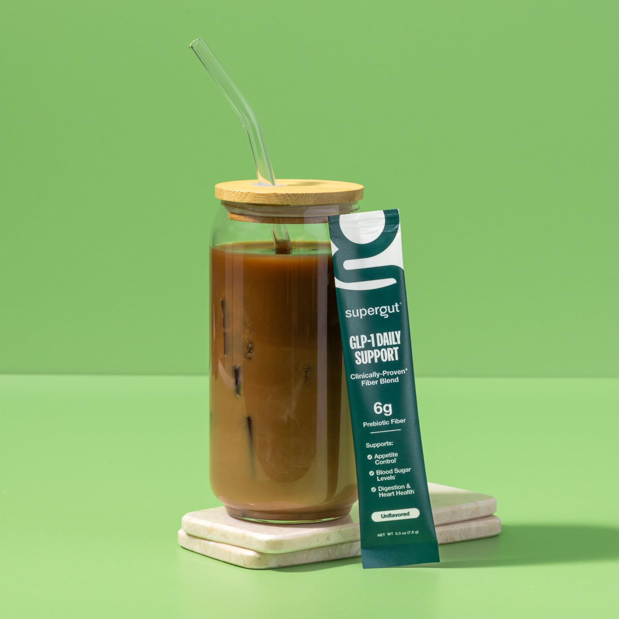 Mixed in a glass, Supergut GLP1 Daily Support creates a smooth, sugar-free drink.