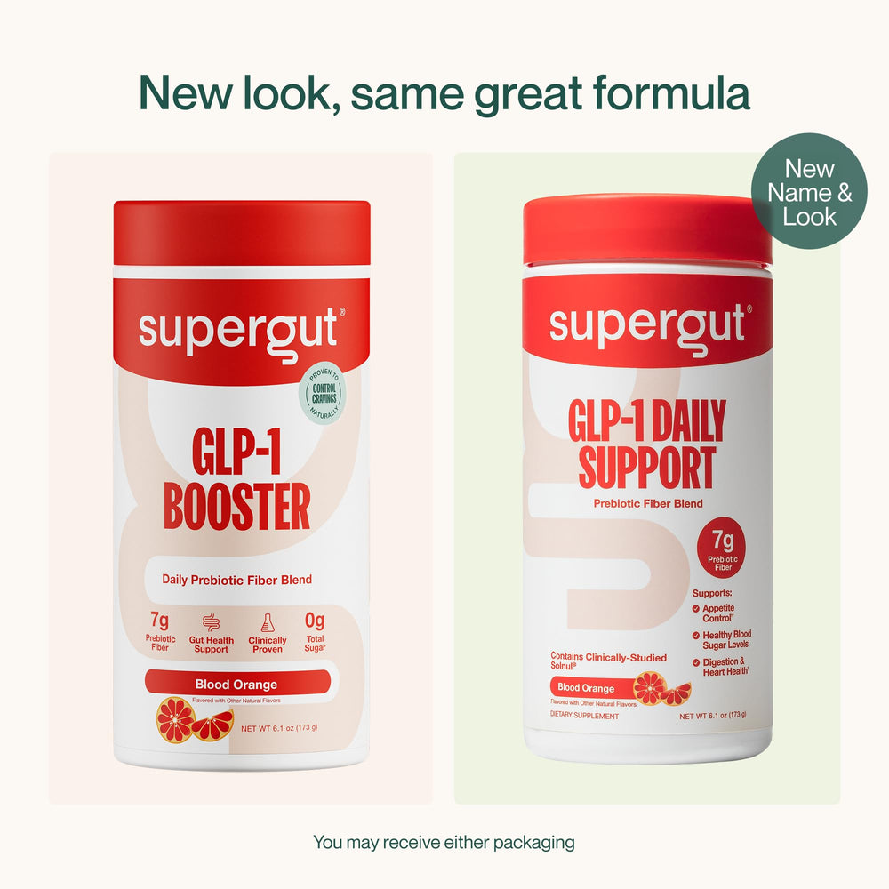 Supergut GLP-1 Daily Support powder scoop measures 7g fiber for cravings support.