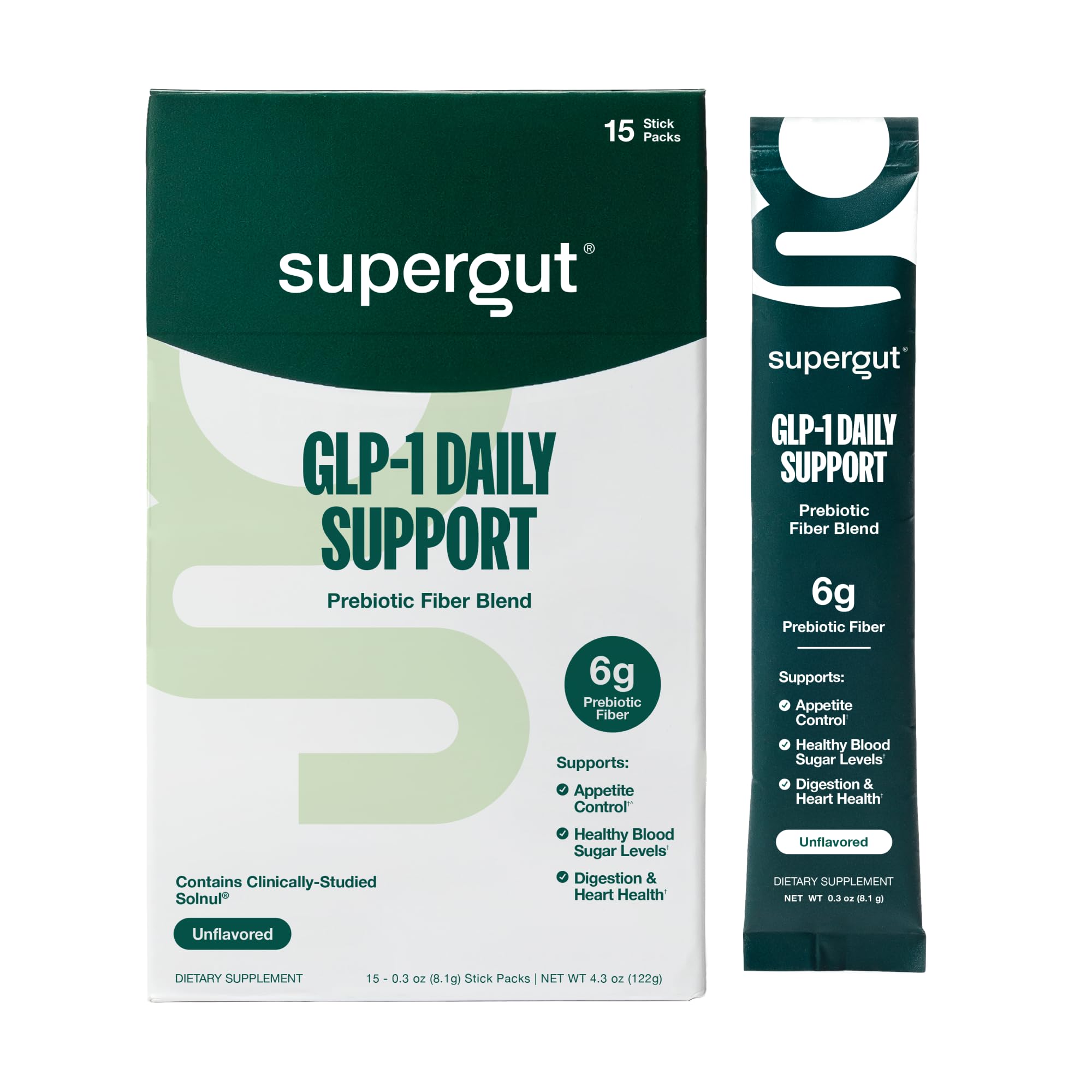 Supergut GLP1 Daily Support tub on counter highlighting high-fiber, sugar-free formulation.