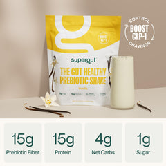 Supergut vanilla shake in glass, highlighting protein and fiber benefits