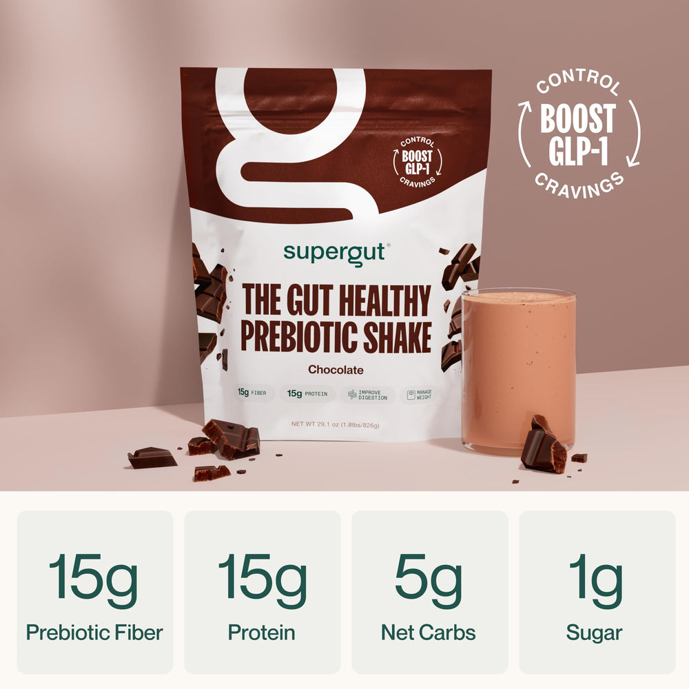 Supergut Prebiotic Shakes chocolate shake glass ready for quick meal replacement