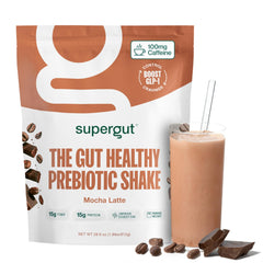 Supergut Prebiotic Shakes Mocha Latte bottle showing convenient on-the-go nutrition