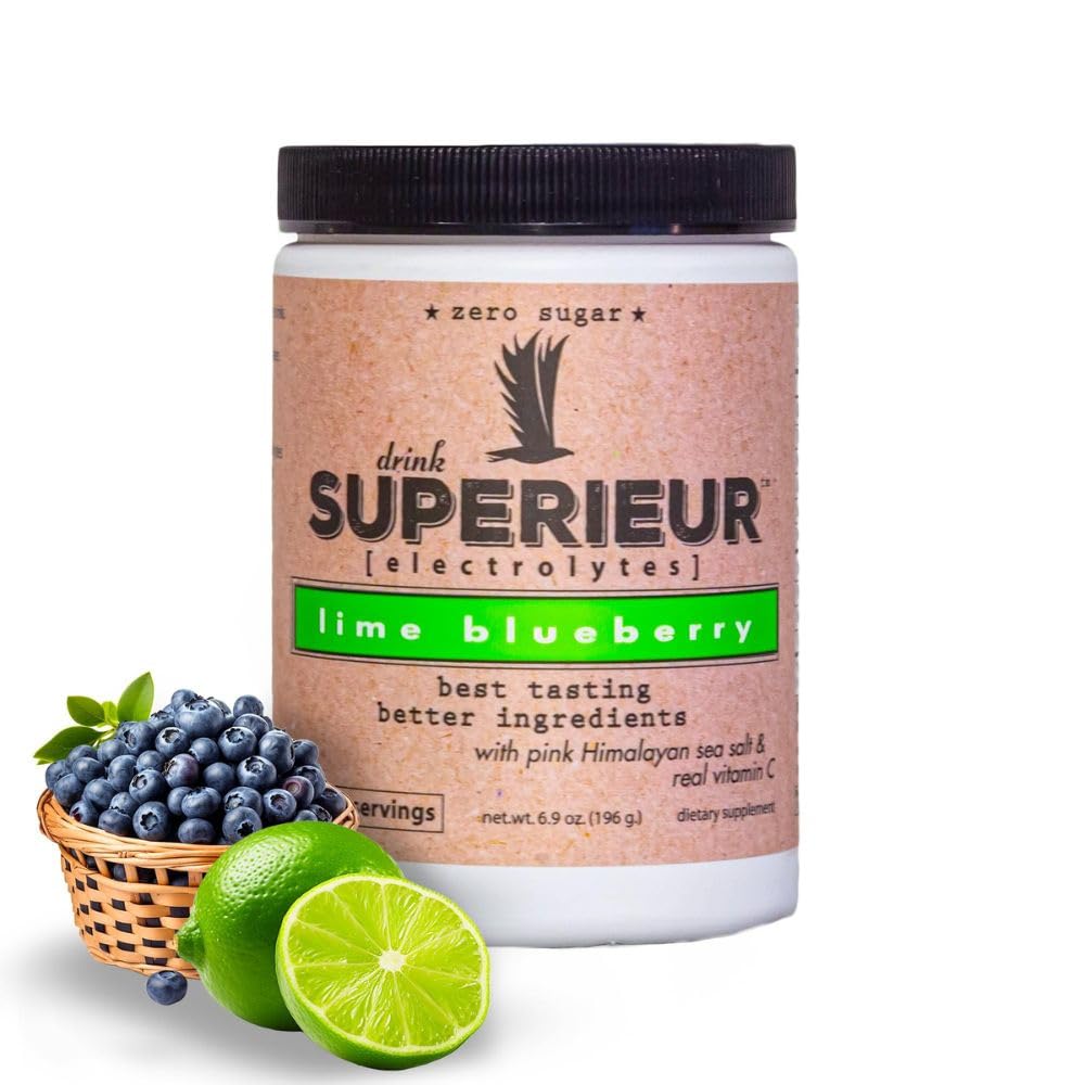 Superieur Electrolytes lime blueberry canister; refreshing plant-based hydration for active days.