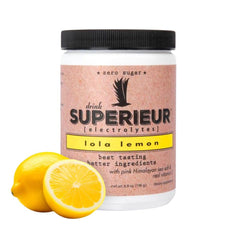 Superieur Electrolytes Lola Lemon canister displayed for hydration and flavor.