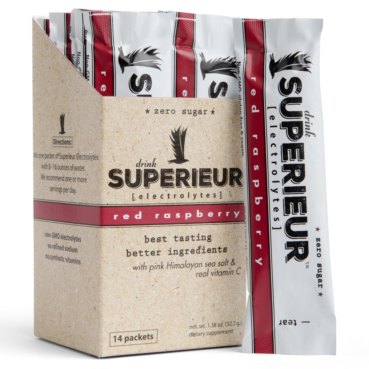 Superieur Raspberry Electrolyte Packet front label for easy grab-and-go hydration.
