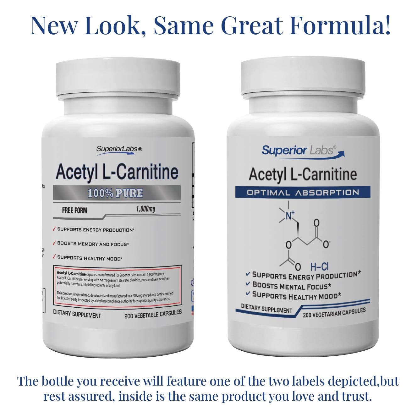 Superior Labs Acetyl L-Carnitine 500mg capsules highlighting focus.