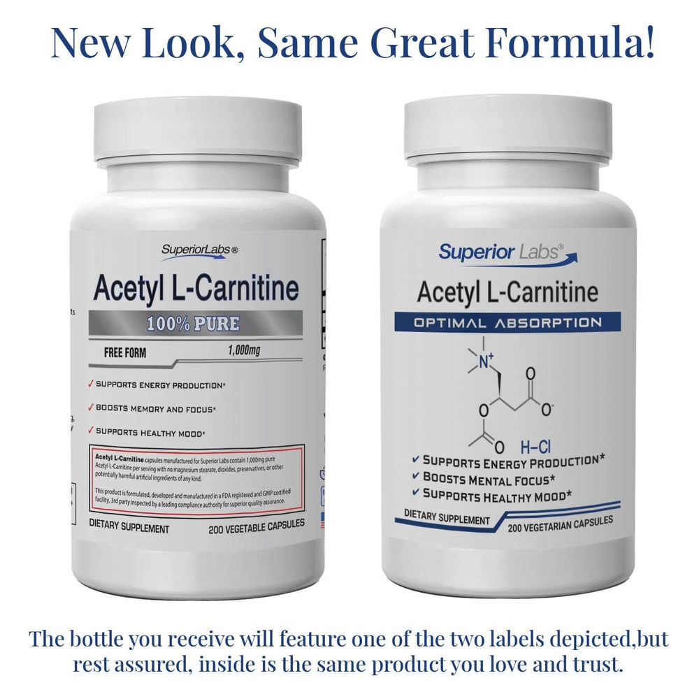 Superior Labs Acetyl L-Carnitine 500mg capsules highlighting focus.