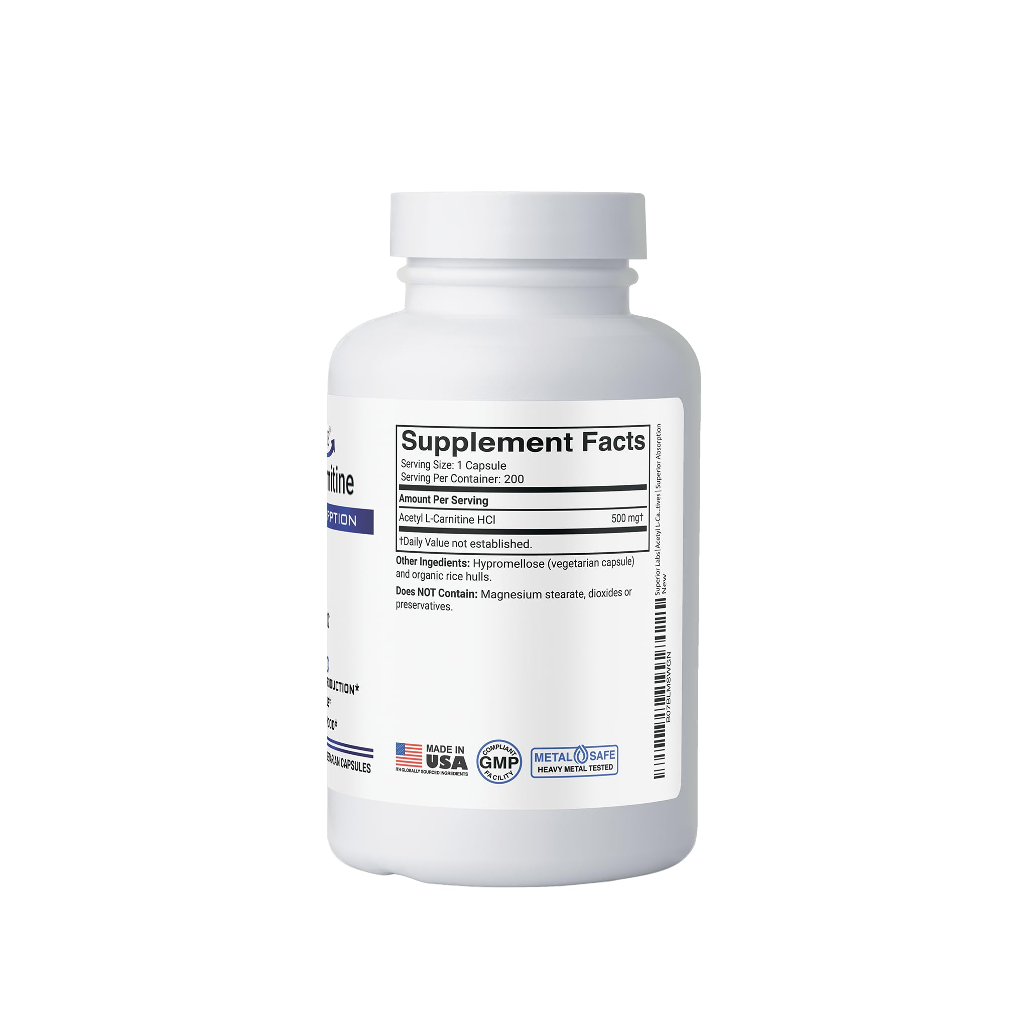 Superior Labs Acetyl L-Carnitine 500mg label details showing purity.