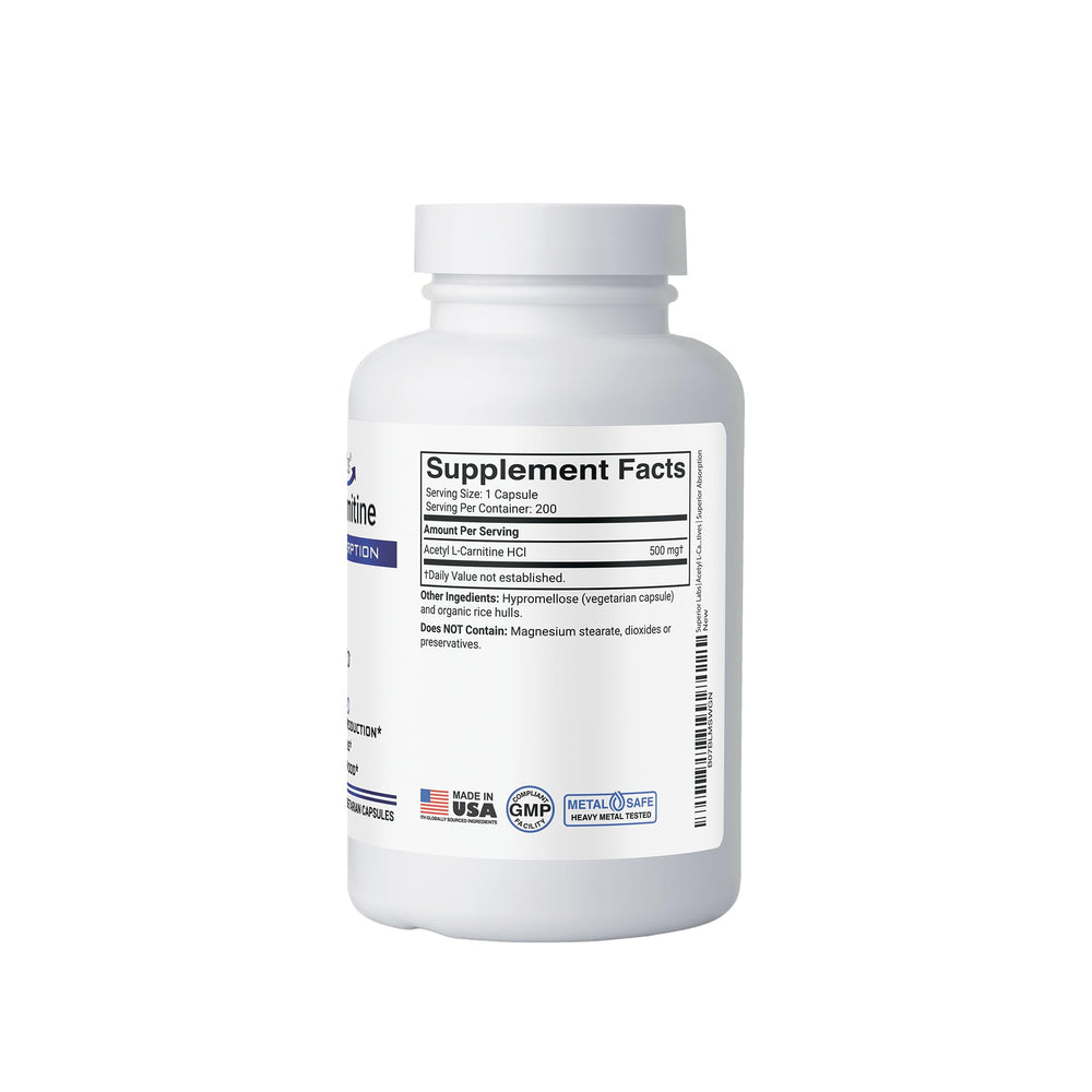Superior Labs Acetyl L-Carnitine 500mg label details showing purity.