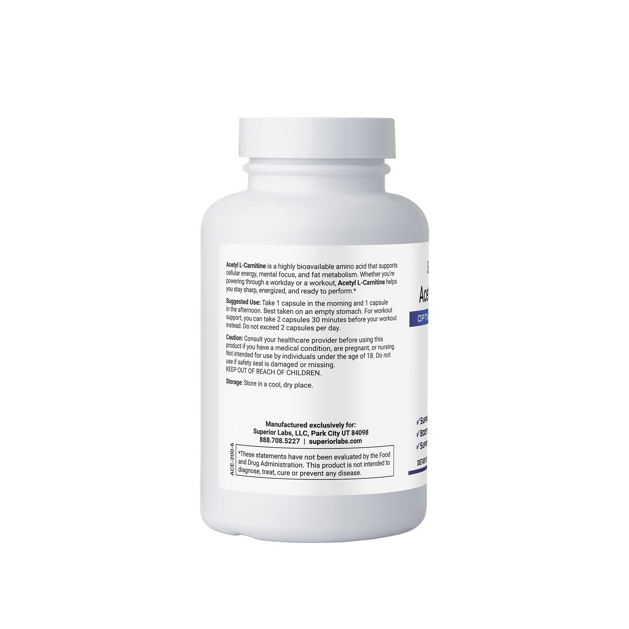 Superior Labs Acetyl L-Carnitine 500mg packaging front with non-GMO promise.