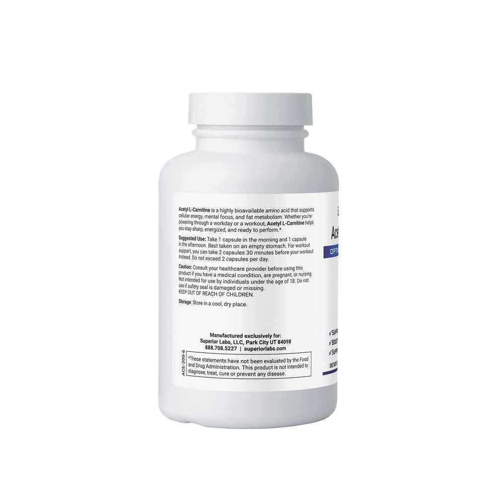Superior Labs Acetyl L-Carnitine 500mg packaging front with non-GMO promise.