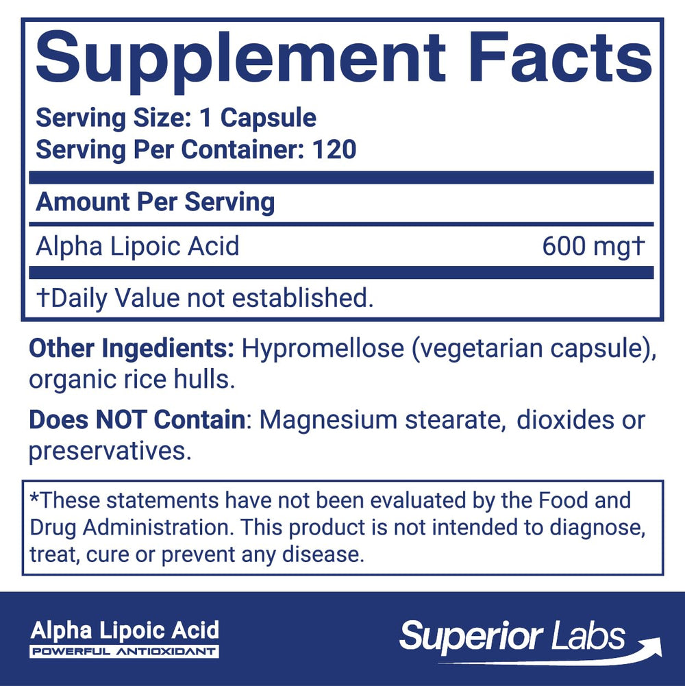 Alpha Lipoic Acid 600 mg capsules from Superior Labs arranged for daily use