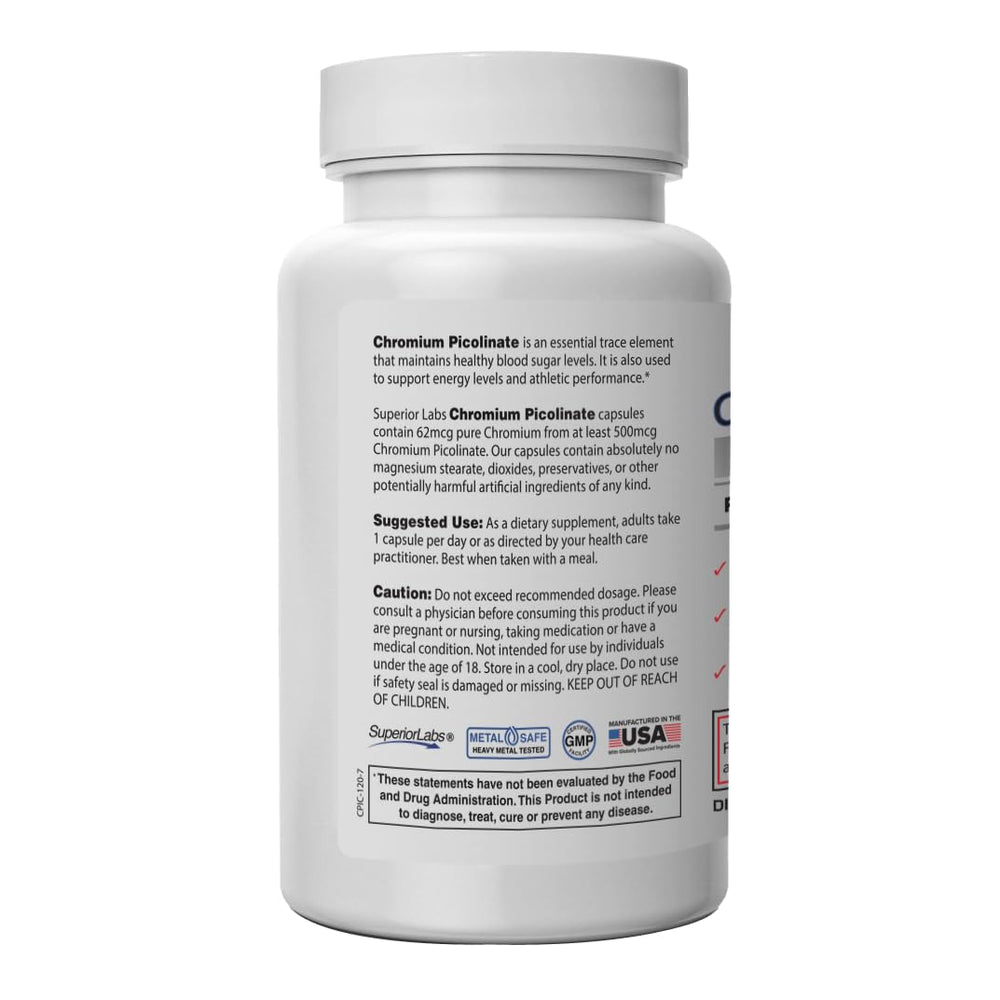 Superior Labs Chromium Picolinate capsules neatly lined for easy daily supplementation