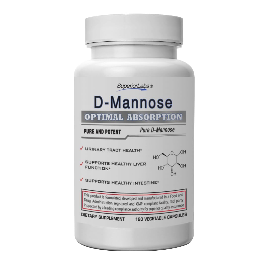 Superior Labs D-Mannose 500mg bottle with capsules, supports urinary and digestive comfort.