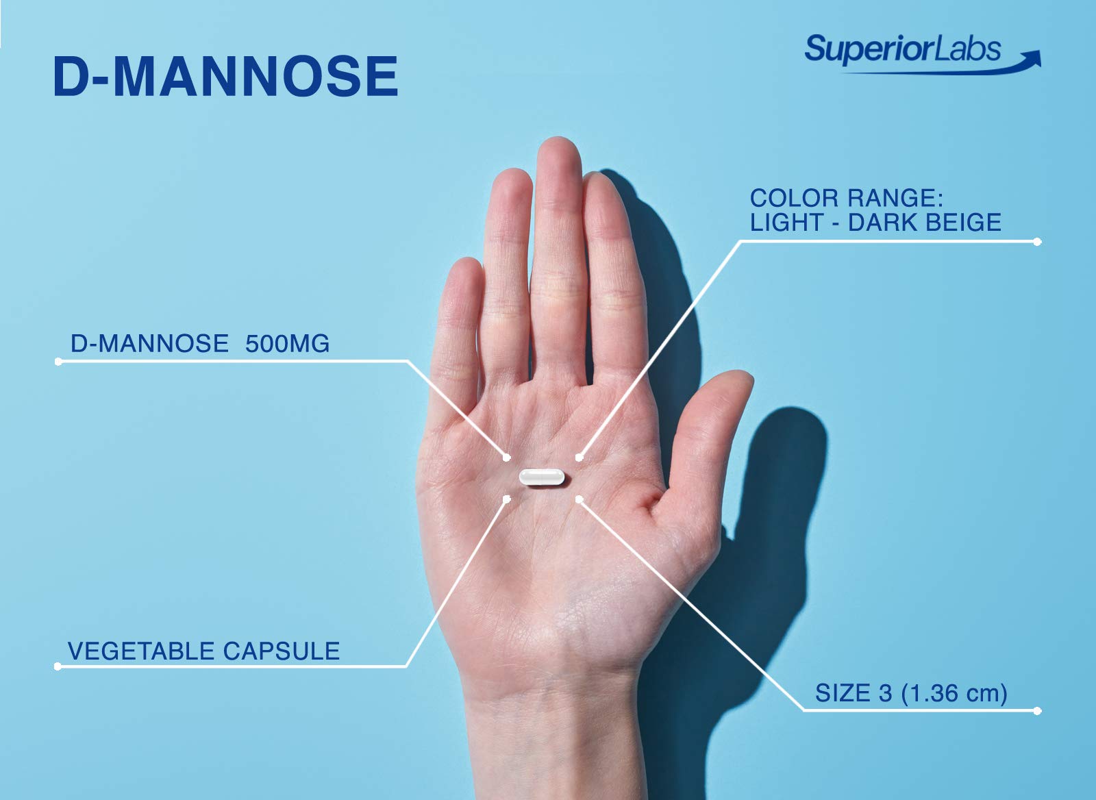 Superior Labs D-Mannose 500mg box front showcasing packaging and product name.