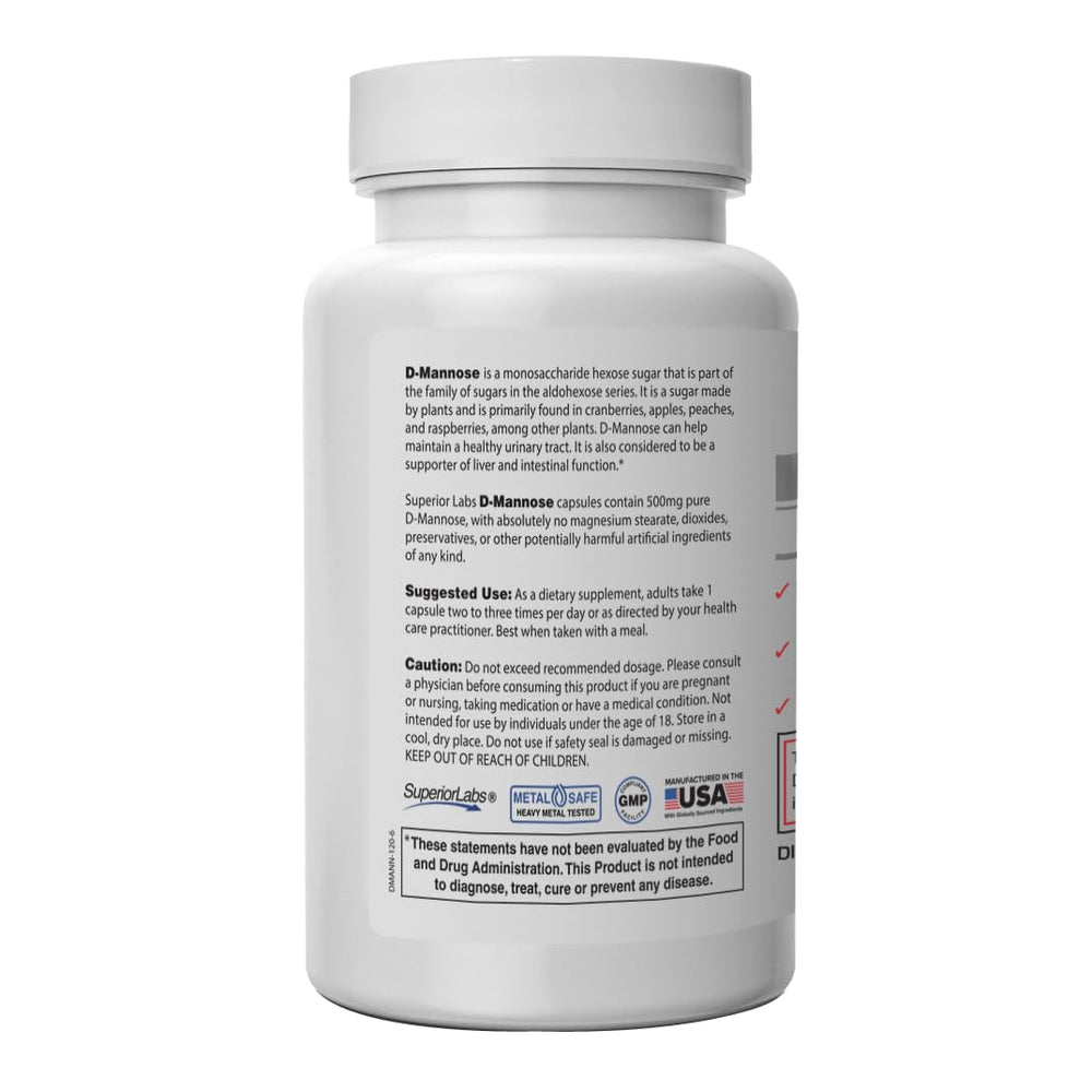 Superior Labs D-Mannose 500mg capsules closeup showing pure, additive-free formula.