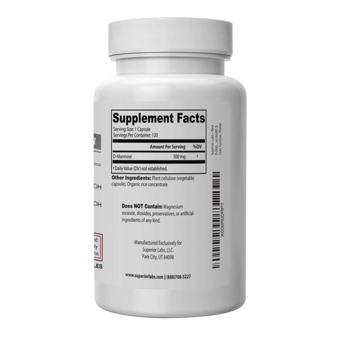 Superior Labs D-Mannose 500mg label detail highlights clean ingredients and third-party testing.