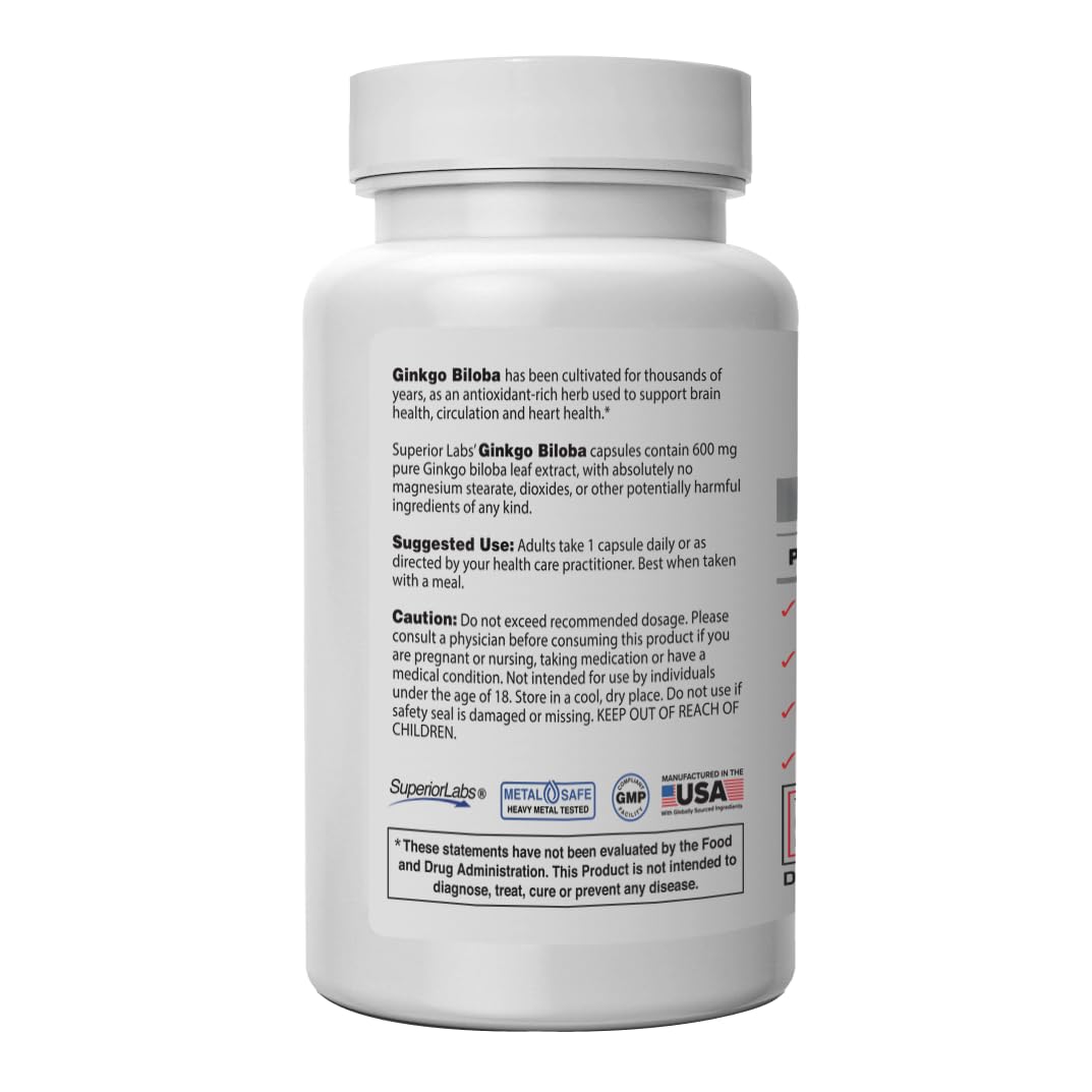 Superior Labs Ginkgo Biloba label details emphasize purity and non-GMO quality