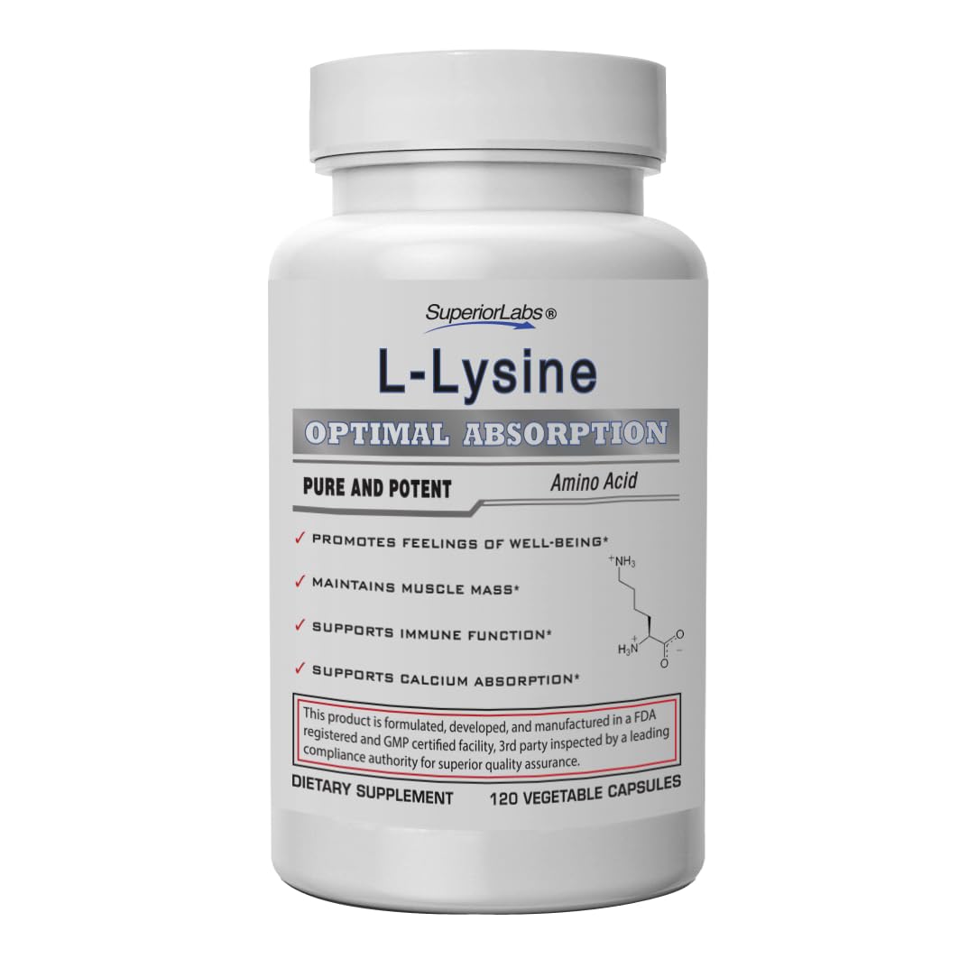 Superior Labs L-Lysine 500 mg capsules in a bottle for daily immune support and calcium absorption.