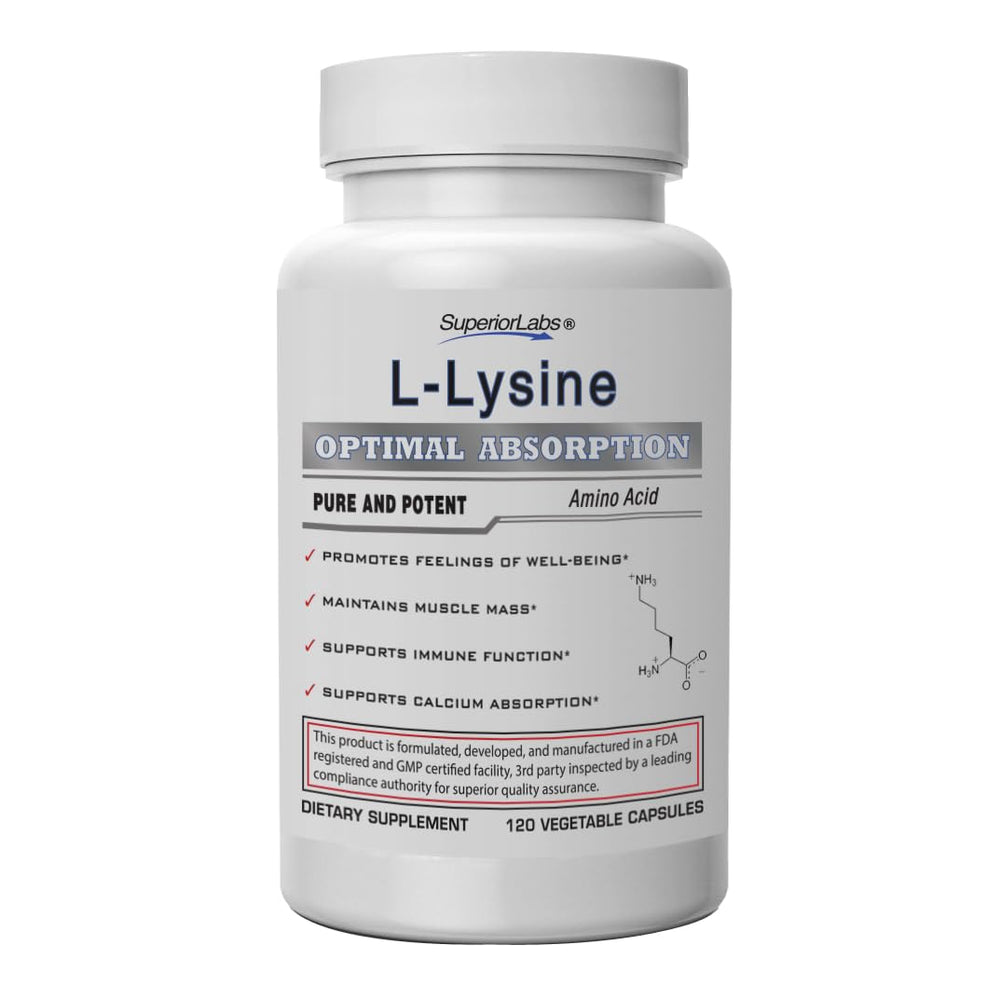 Superior Labs L-Lysine 500 mg capsules in a bottle for daily immune support and calcium absorption.