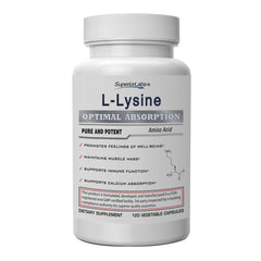 Superior Labs L-Lysine 500 mg capsules in a bottle for daily immune support and calcium absorption.