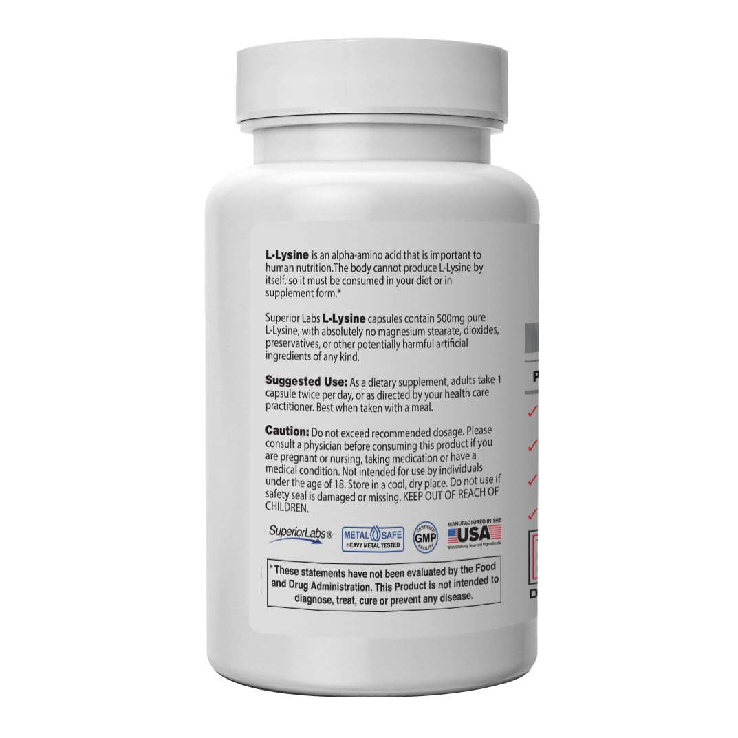 Superior Labs L-Lysine 500 mg capsules label highlights pure, non-GMO ingredients and gluten-free formulation.