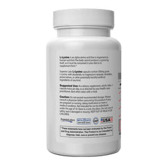 Superior Labs L-Lysine 500 mg capsules label highlights pure, non-GMO ingredients and gluten-free formulation.