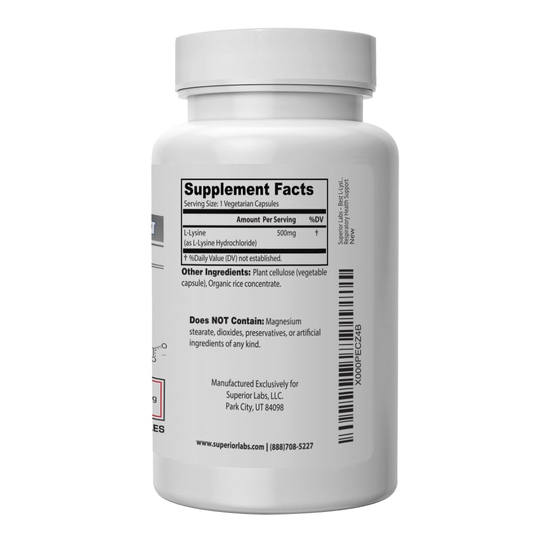 Superior Labs L-Lysine 500 mg capsules pour section showing streamlined dosing for everyday wellness.