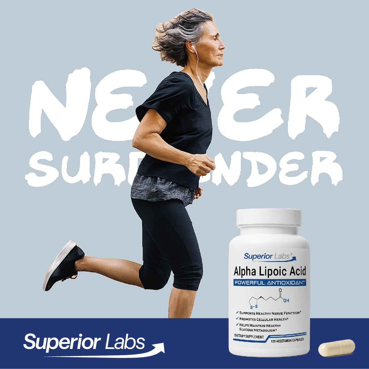 Graphic emphasizing nerve support alongside Superior Labs Alpha Lipoic Acid bottle