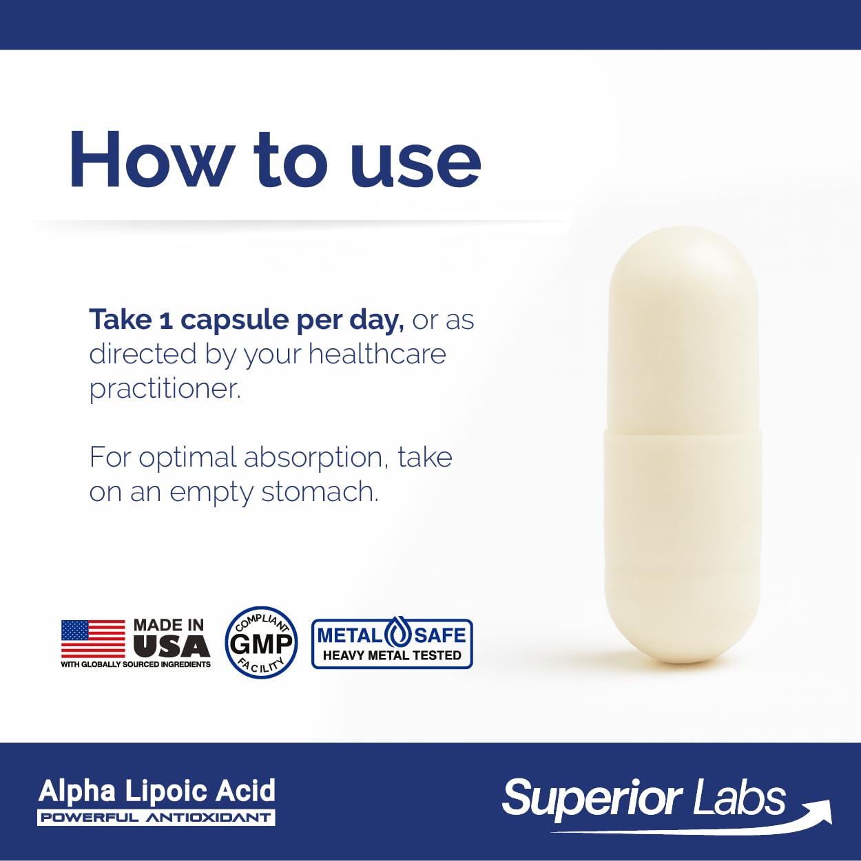 Close-up of purity/testing label on Superior Labs Alpha Lipoic Acid packaging