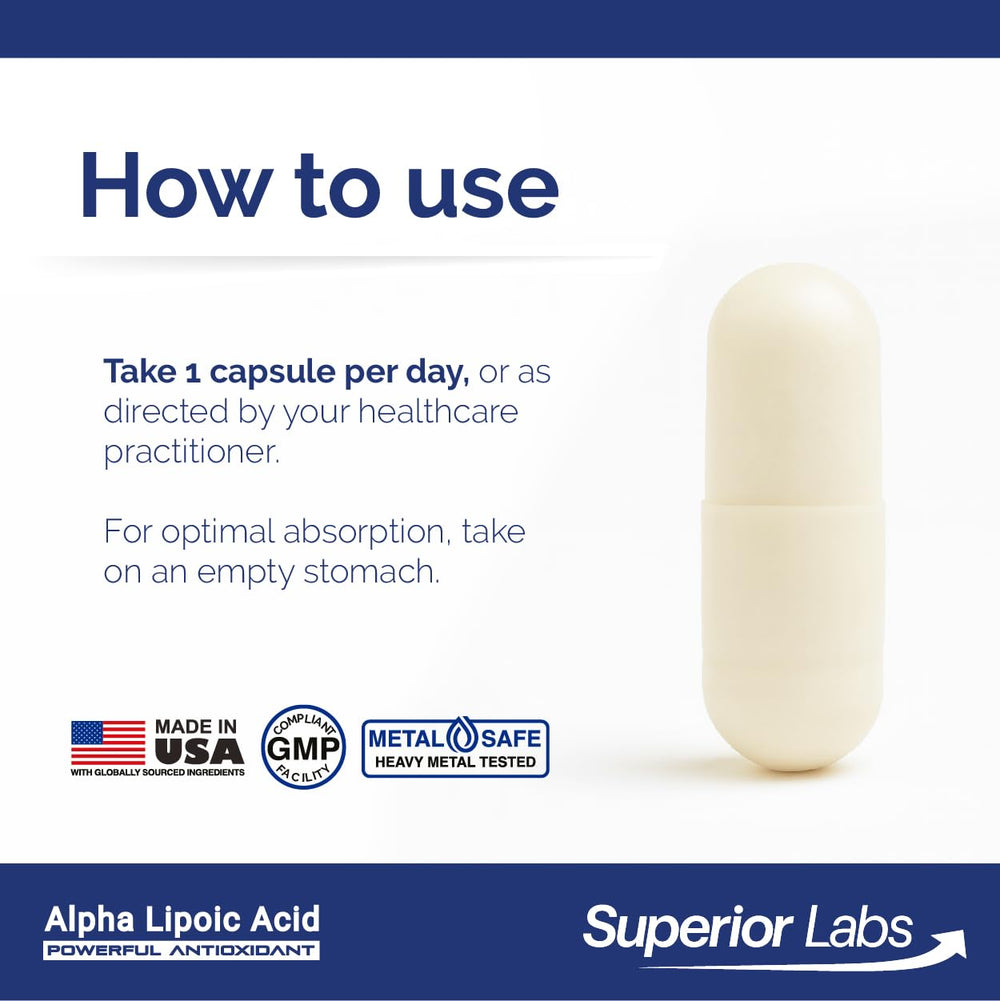 Close-up of purity/testing label on Superior Labs Alpha Lipoic Acid packaging