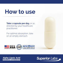 Close-up of purity/testing label on Superior Labs Alpha Lipoic Acid packaging