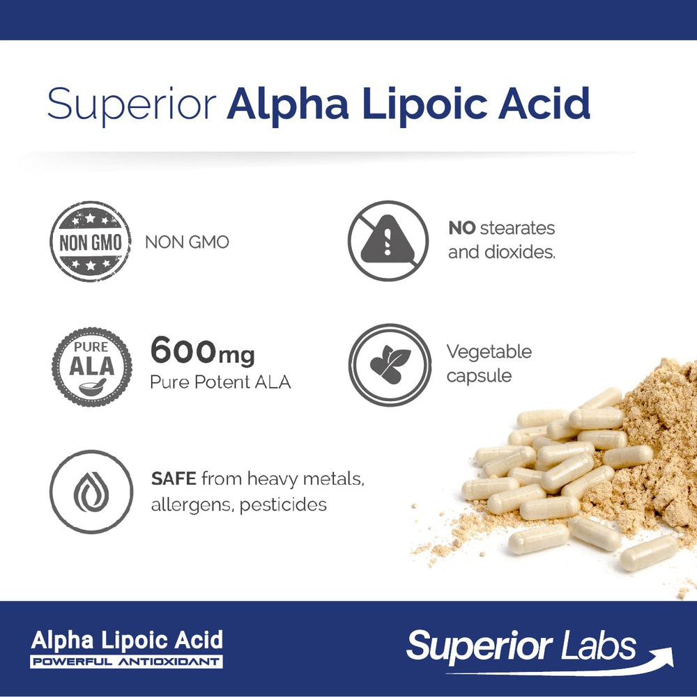 Third-party QA seal on Superior Labs Alpha Lipoic Acid bottle