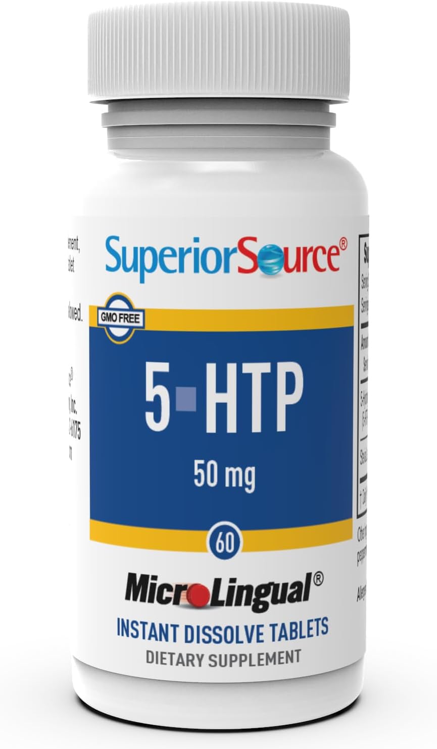Superior Source 5-HTP bottle packaging with label, highlighting convenient daily use