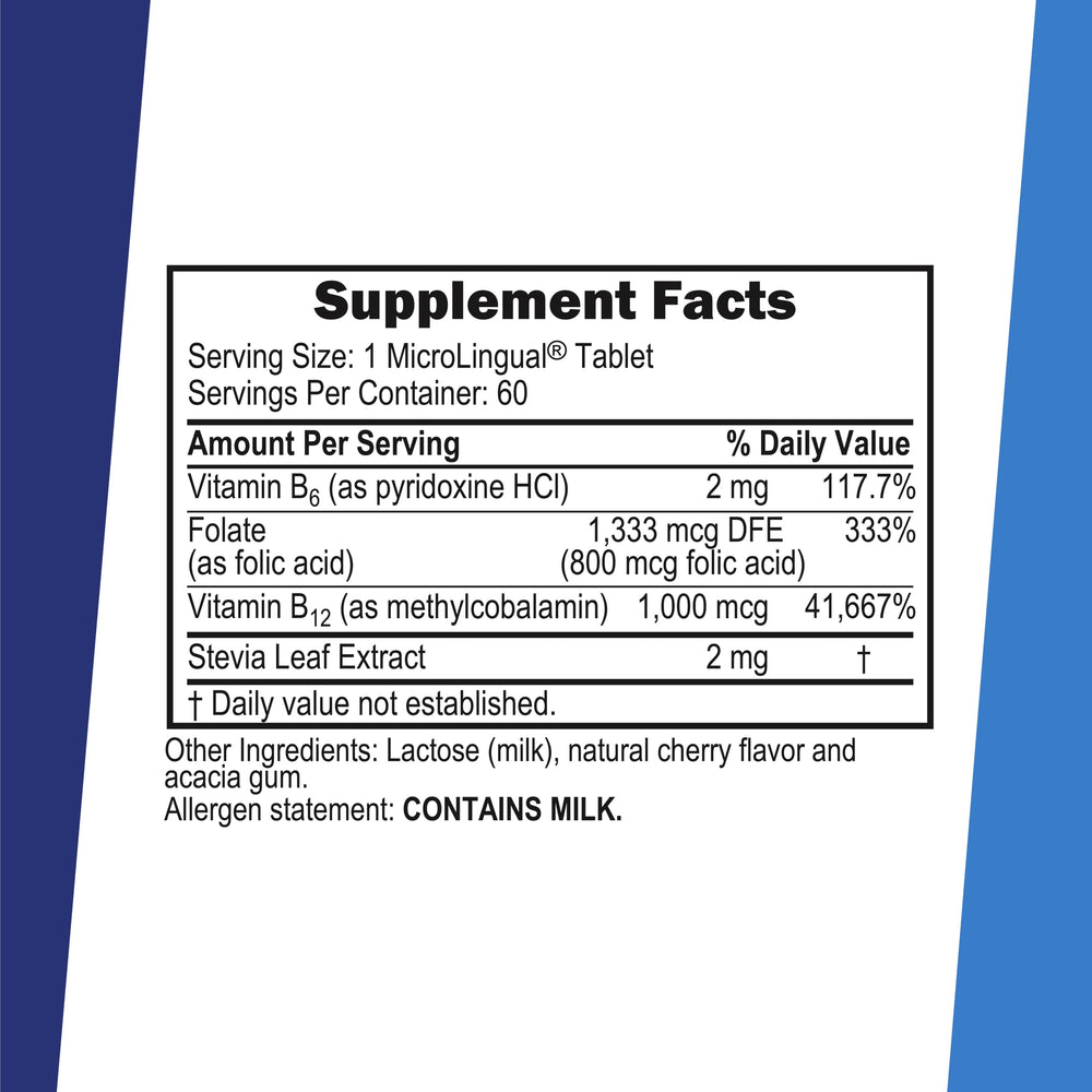 Label shows 1000 mcg B-12, 800 mcg folic acid, and 2 mg B-6