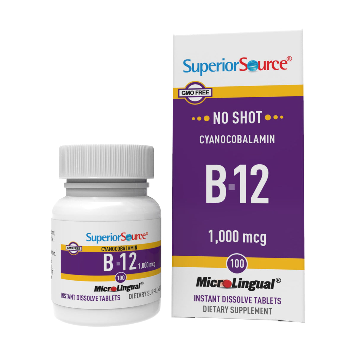 Superior Source B-12 dissolving tablet on tongue for fast absorption.