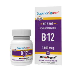 Superior Source B-12 dissolving tablet on tongue for fast absorption.