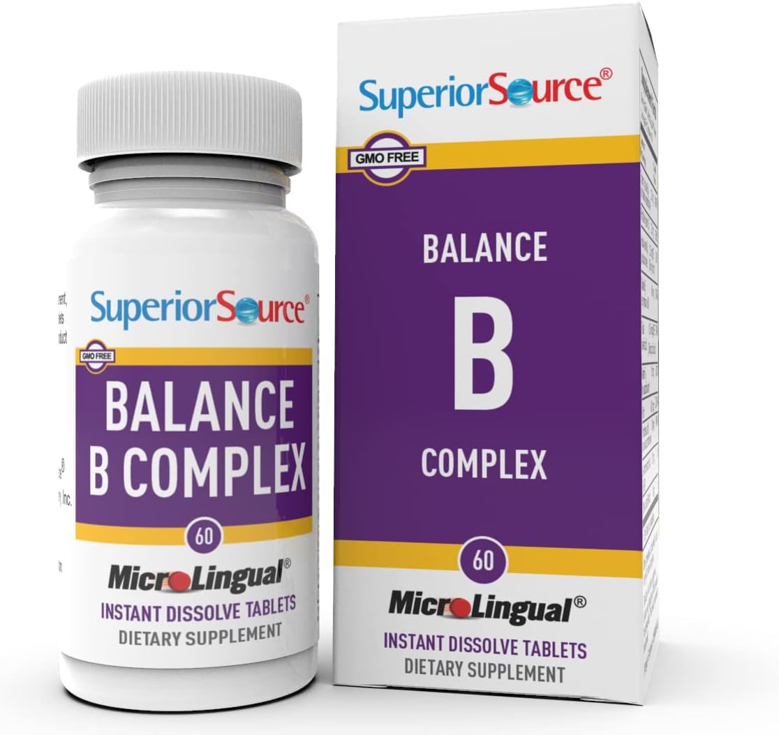 Superior Source Balance B Complex instant-dissolve tablets on tongue for quick energy support