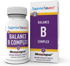 Superior Source Balance B Complex instant-dissolve tablets on tongue for quick energy support