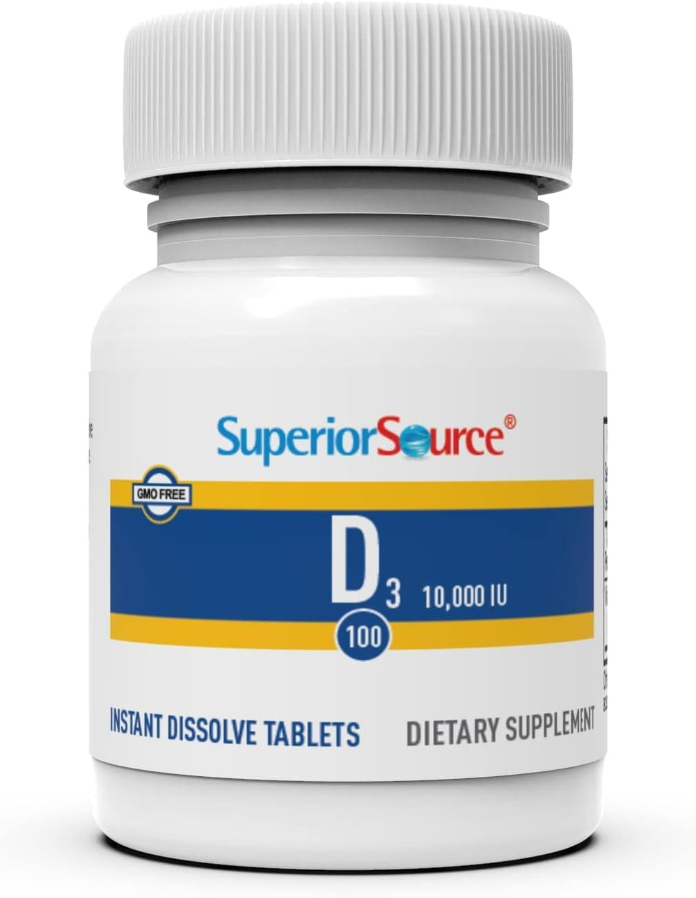 Pure non-GMO label on Vitamin D3 bottle signaling clean ingredients.