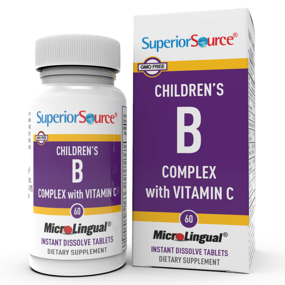 Superior Source Children's B Complex with Vitamin C tablets close-up, easy-dissolve for kids