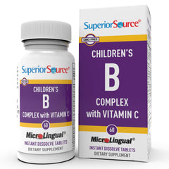 Superior Source Children's B Complex with Vitamin C tablets close-up, easy-dissolve for kids