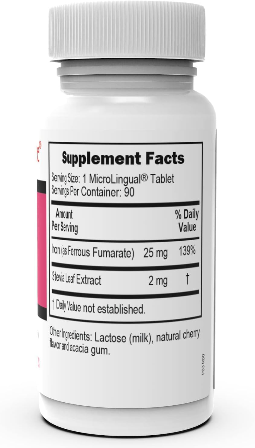 Label closeup showing iron source and dosage.