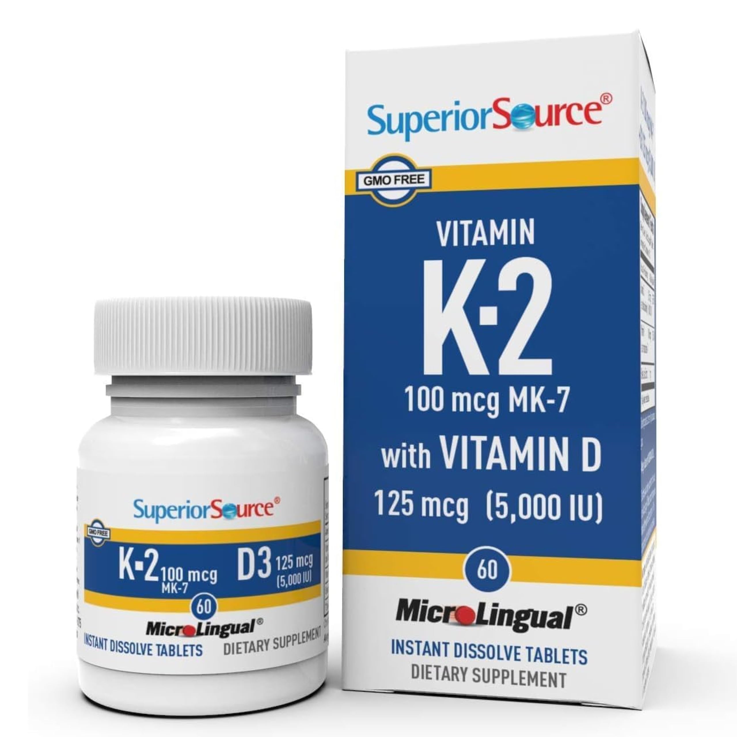 Superior Source k2-mk7-d3-tablet-pack on a countertop, quick-dissolve format for easy daily use.