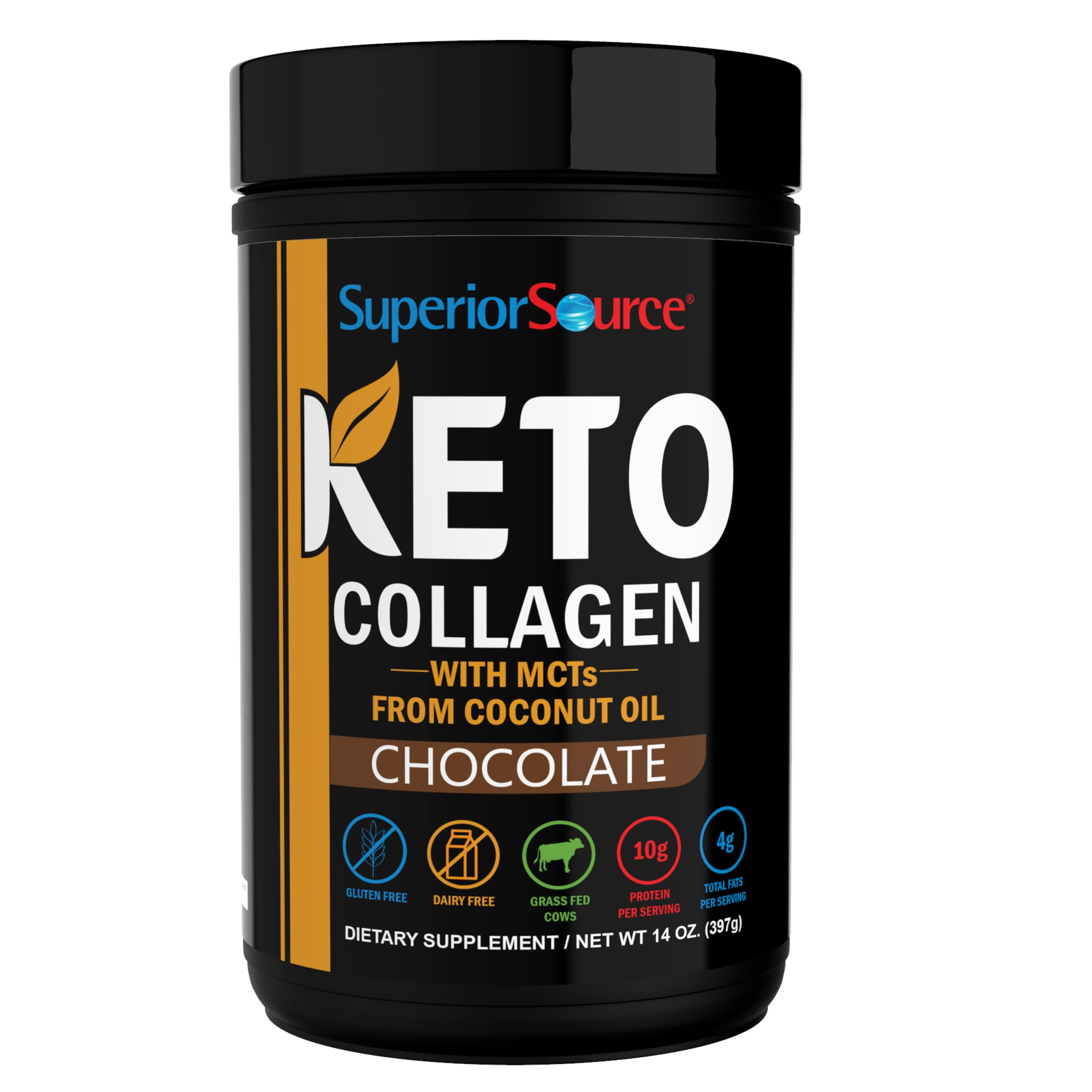 Superior Source Keto Collagen chocolate powder ready to mix into beverages for keto-friendly protein.
