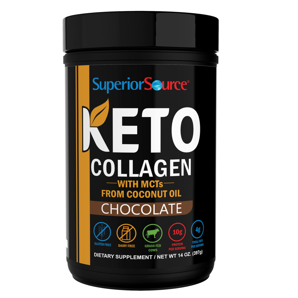 Superior Source Keto Collagen chocolate powder ready to mix into beverages for keto-friendly protein.