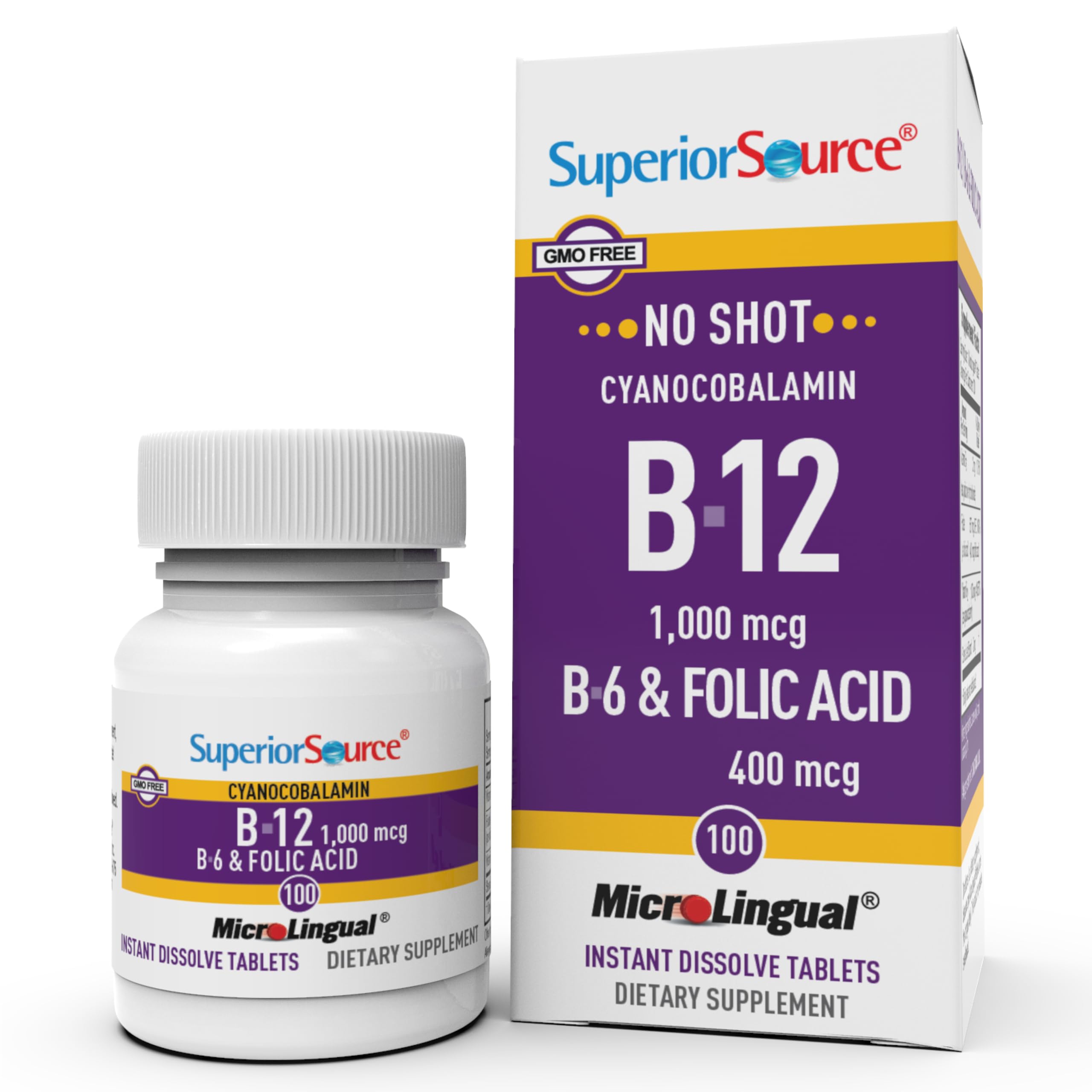 Superior Source No Shot B12 B6 Folic Acid tablet under tongue for quick absorption.